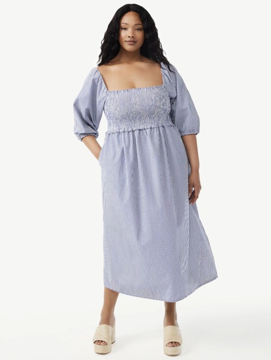 Free Assembly Dresses & Skirts - Free Assembly Women's Smocked Midi Dress Blue & White Sz S Convertible Sleeves